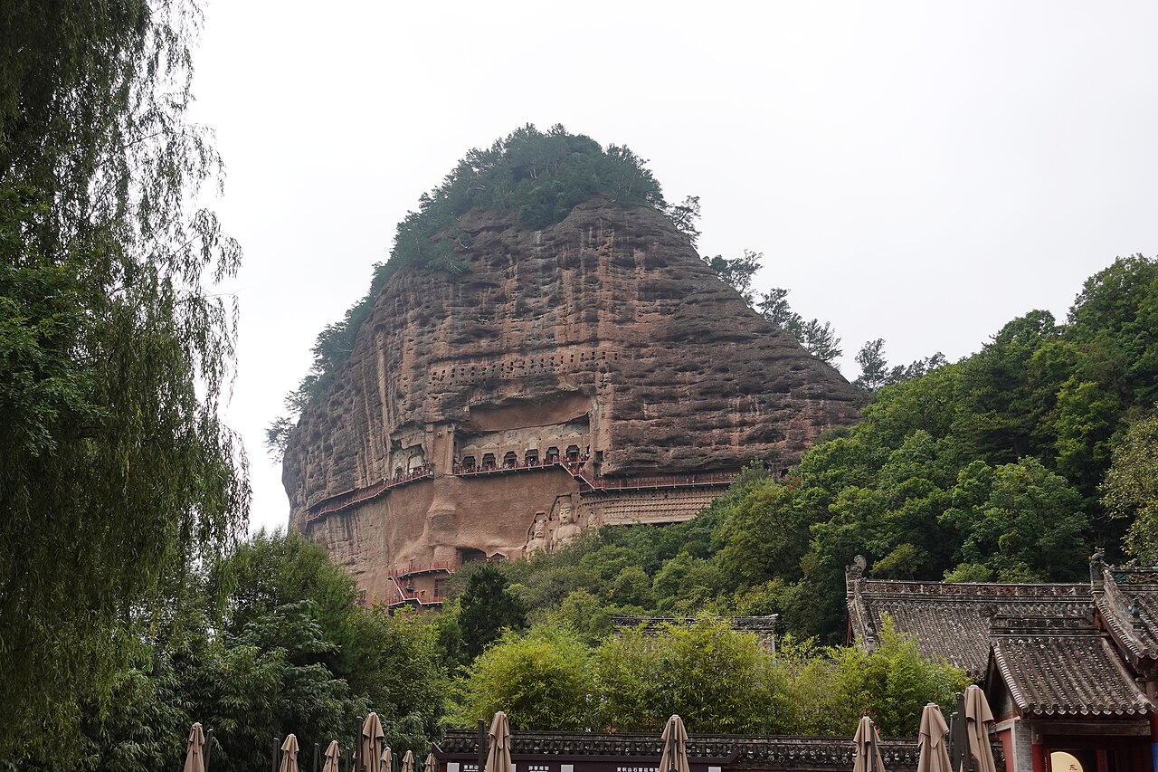 Maijishan cliff with cave openings and walkways across its rock face